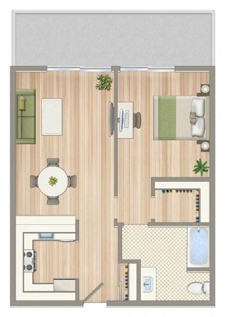 Floor plan for 1 bed, 1 bath, 618 sqft